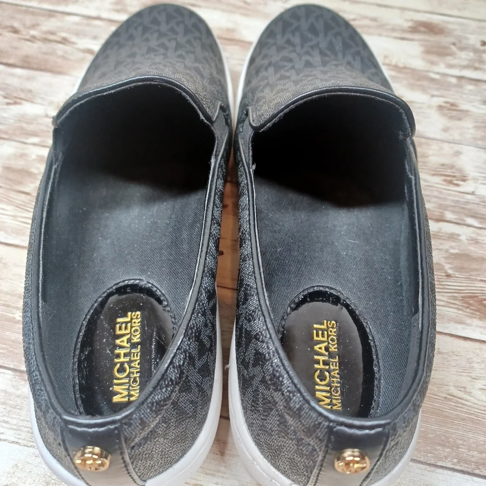 Michael Kors Slip On Laceless Sneakers Black White Gold Women's Size 8.5